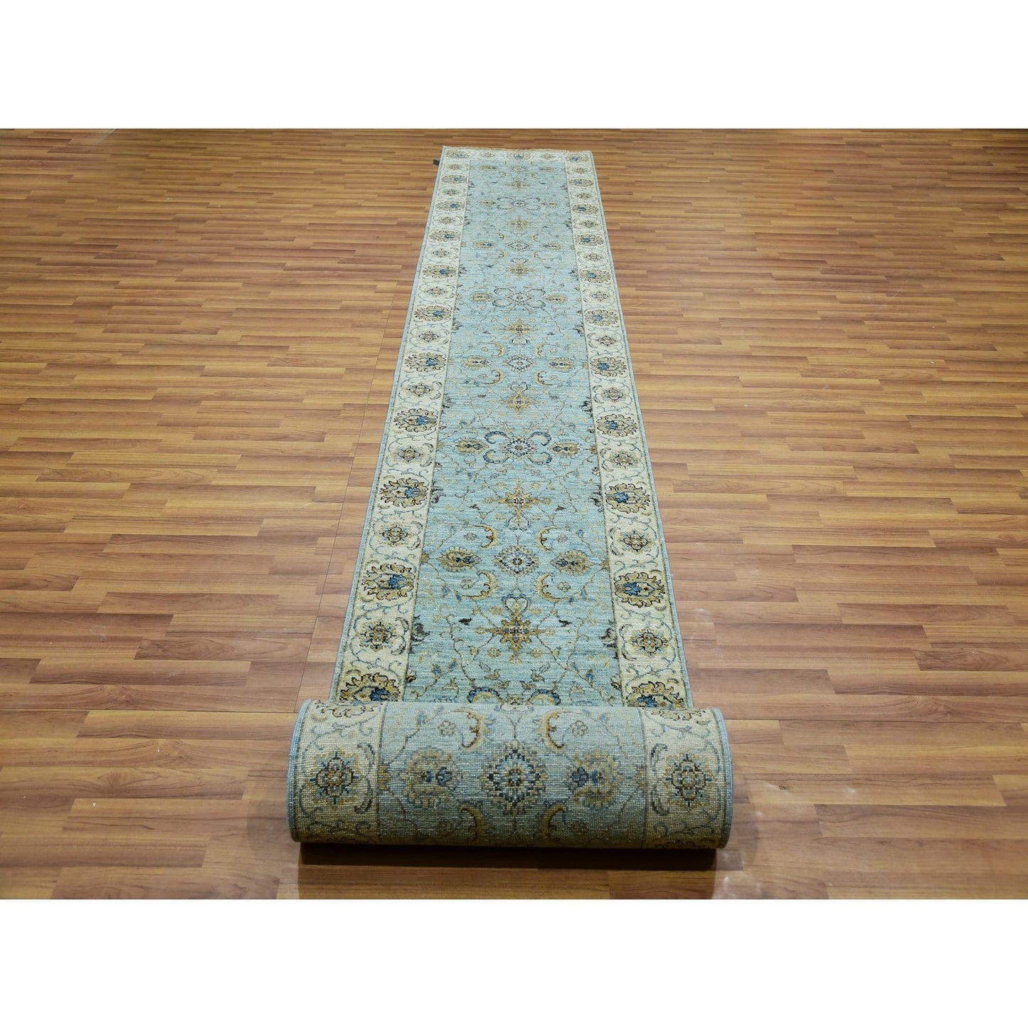 2'6"X25'8" Cerulean Blue Pure Wool Hand Knotted Shah Abbas Xl Runner Rug