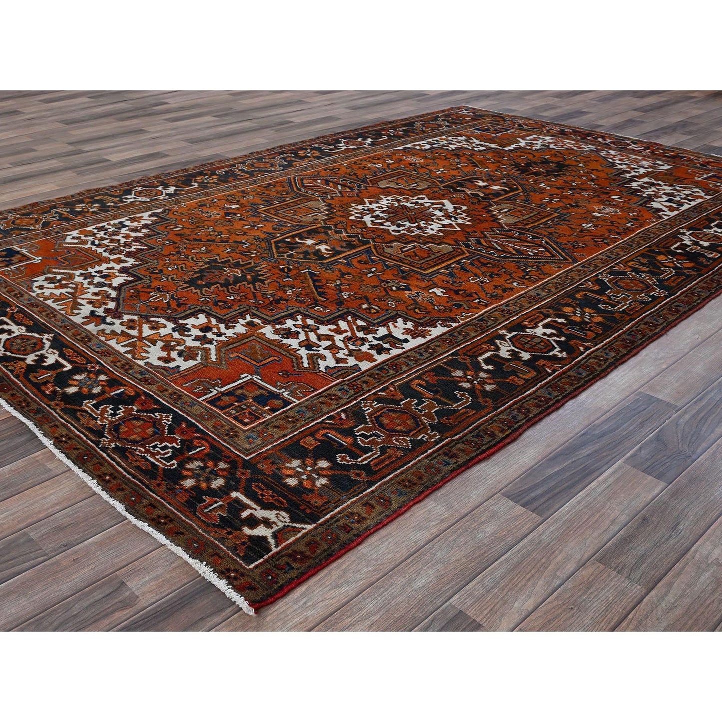 6'7"X9'7" Vivid Orange Vintage Zoroastrian Heris Pure Wool Hand Knotted Rug