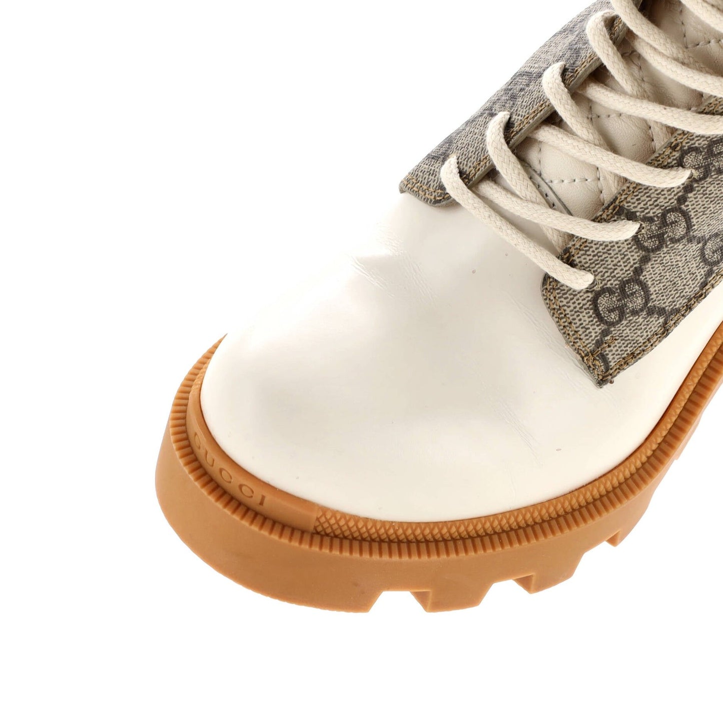 Gucci Women'S Lace Up Heeled Ankle Boots Gg Coated Canvas With Quilted Leather