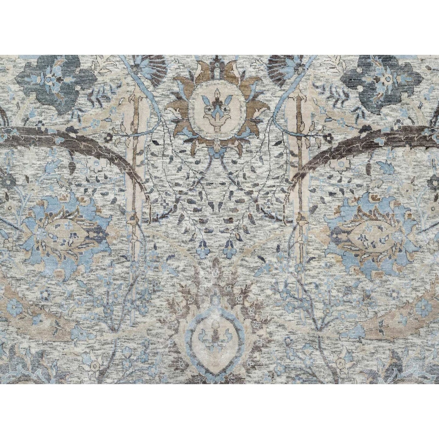 10'X10' Tahira White Hand Knotted Silk And Wool Sickle Leaf Round Rug