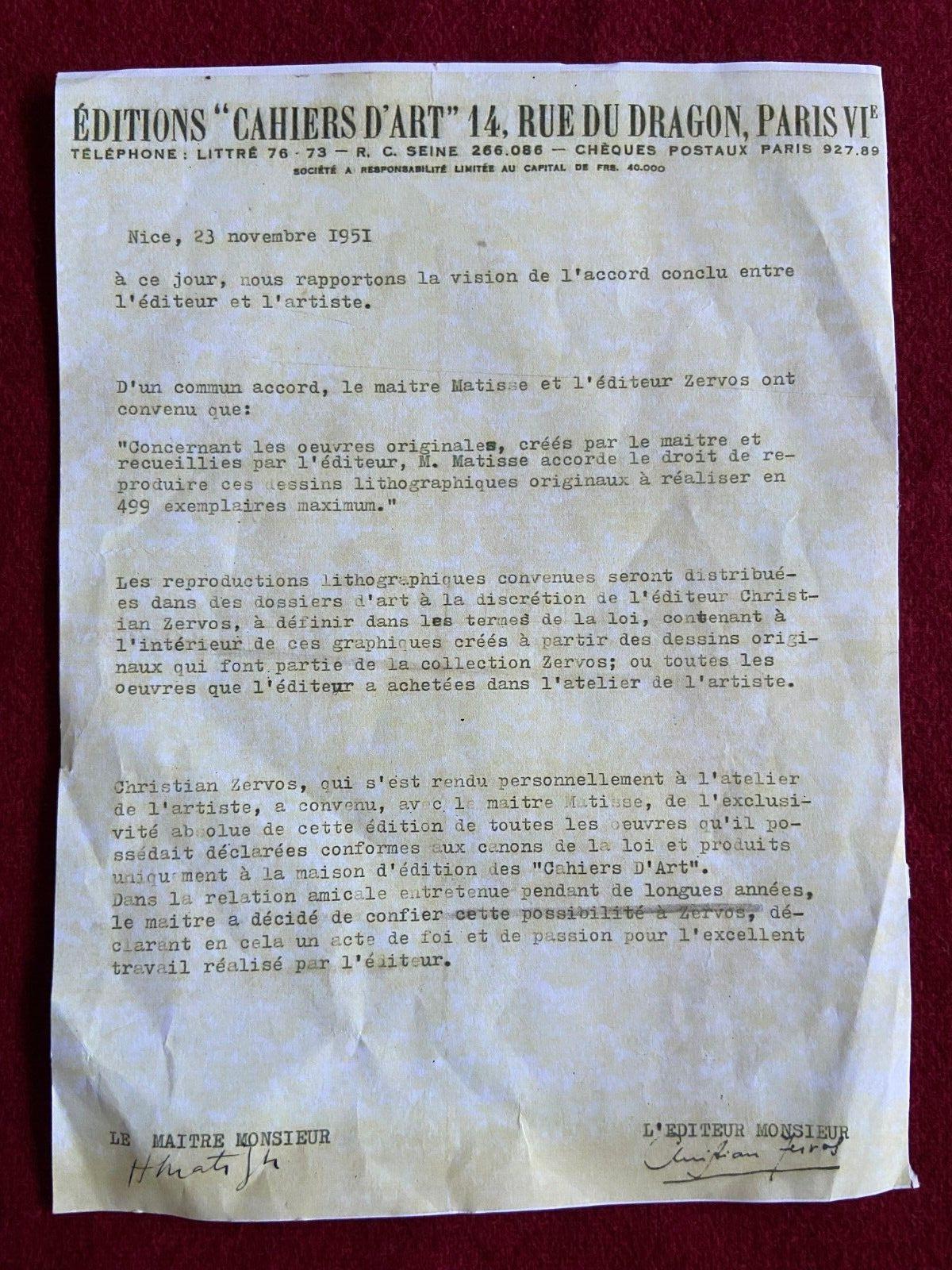 Henri, Matisse Lithograph 1960 Contract Signed Numbered Cachet