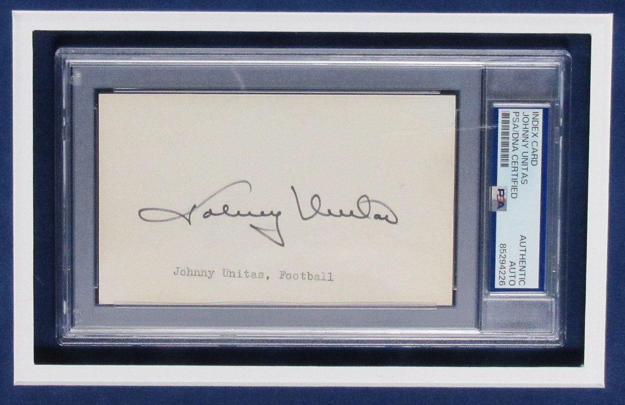 Johnny Unitas Hof Signed 3X5 Index Card W/ Photo
