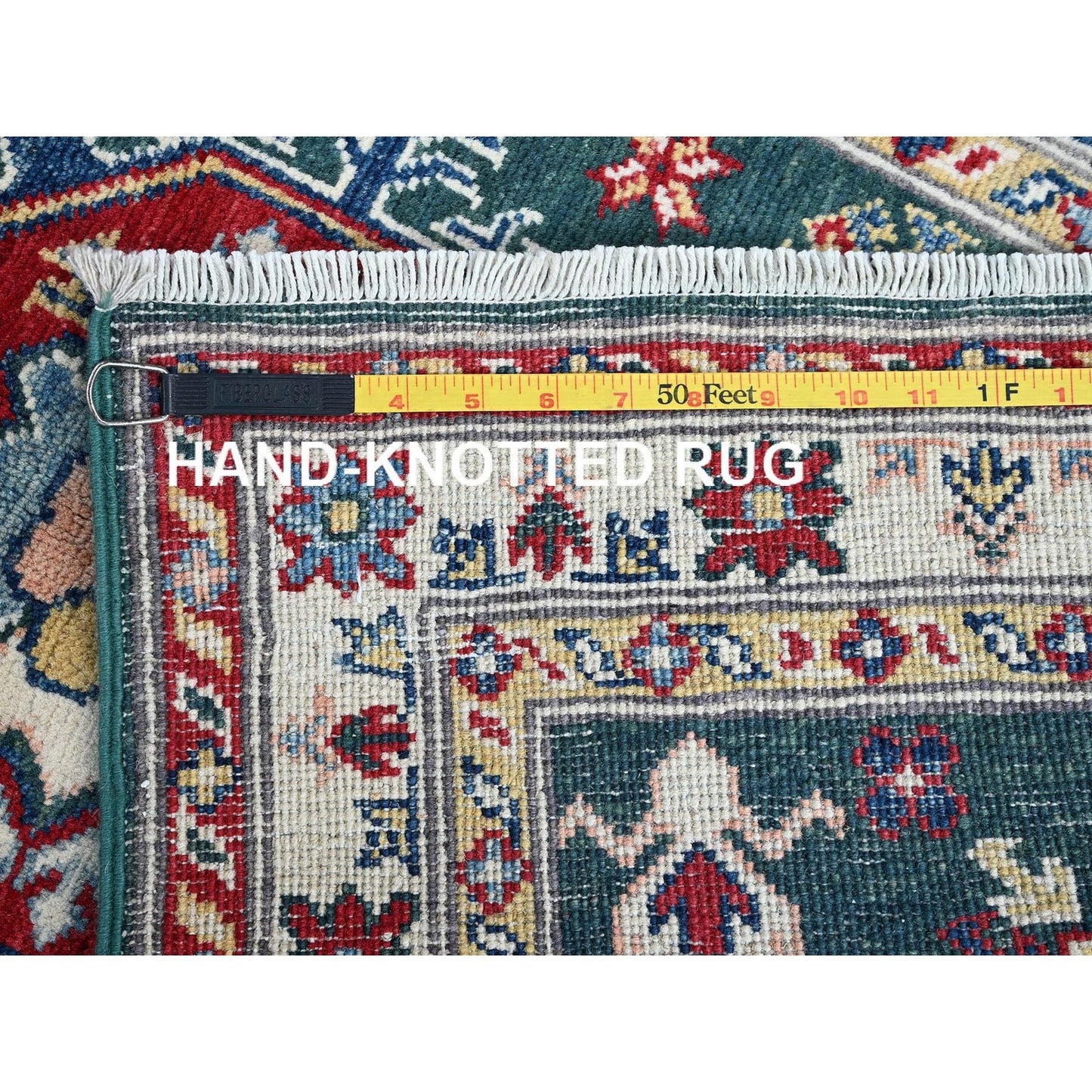 2'6"X9'9" Green Kazak With Medallions Design Wool Hand Knotted Runner Rug
