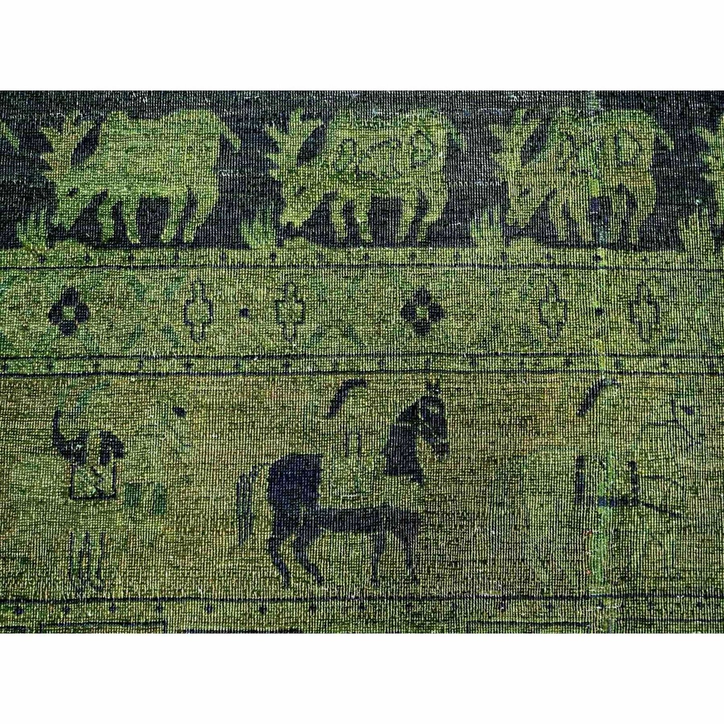 9'9"X13'8" Green Overdyed Peshawar Pazyryk Design Wool Hand Knotted Rug