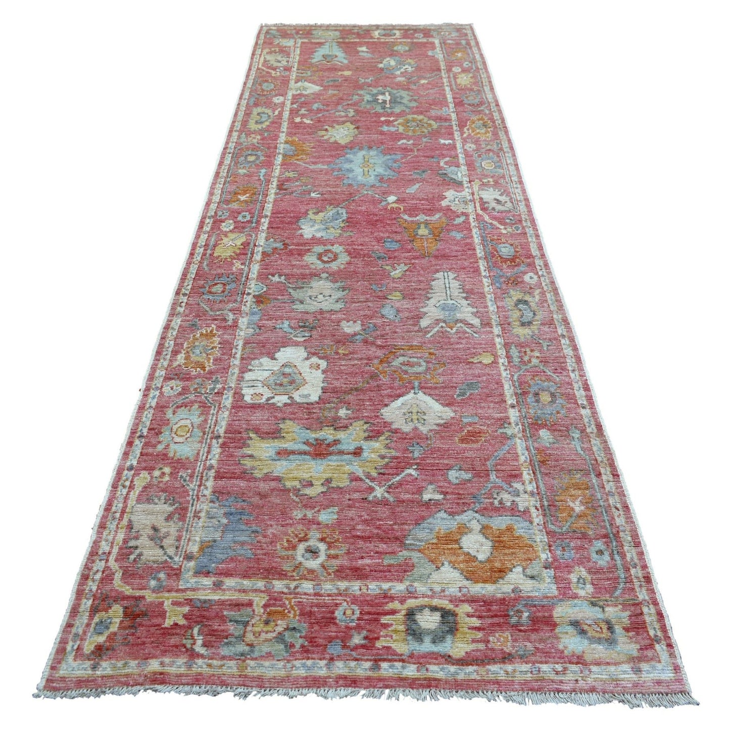 4'X11'10" Red Hand Knotted Afghan Angora Oushak Wool Oriental Rug