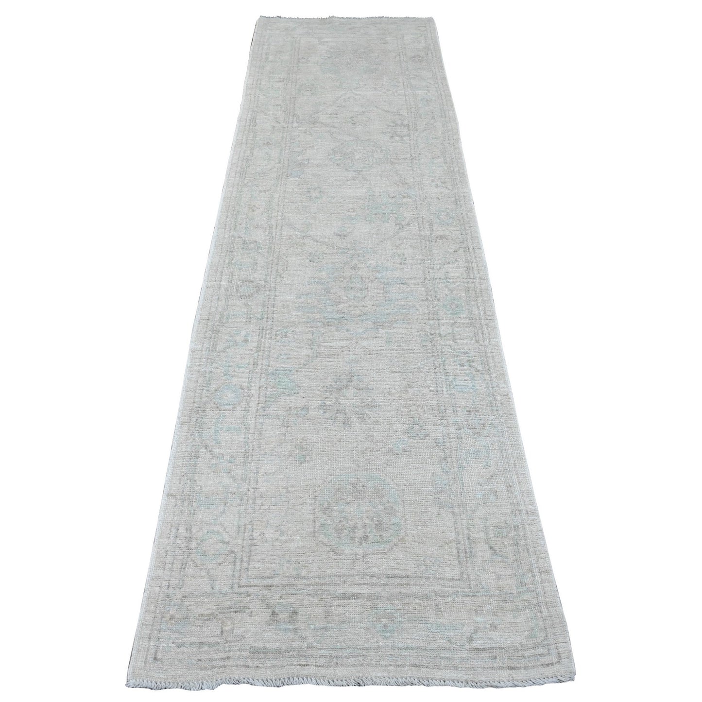 2'8"X9'7" Gray Hand Knotted Angora Oushak Leaf Design All Wool Runner Rug