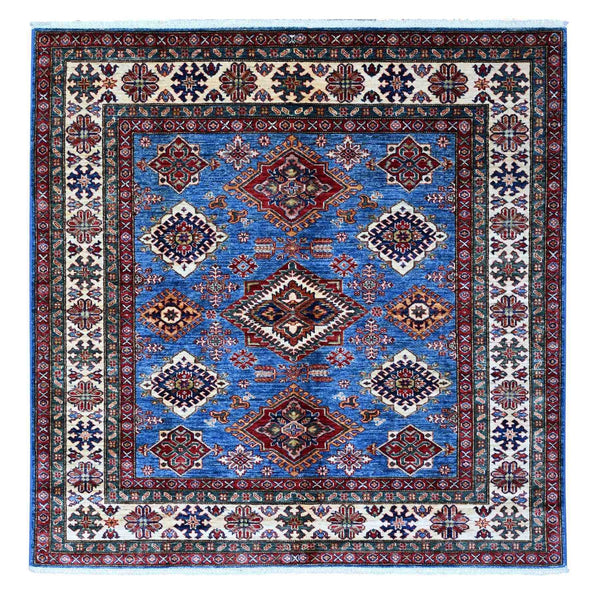 6'X6' Blue Hand Knotted Super Kazak Tribal Elements Square Oriental Rug