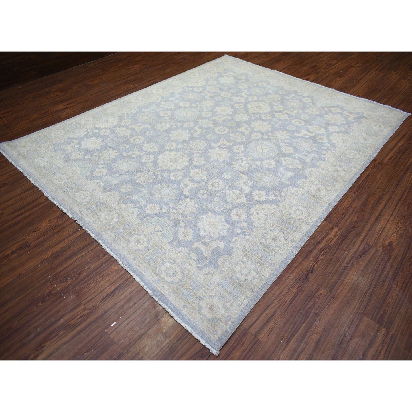 7'10"X9'7" Cloud Gray White Wash Peshawar Natural Wool Hand Knotted Rug