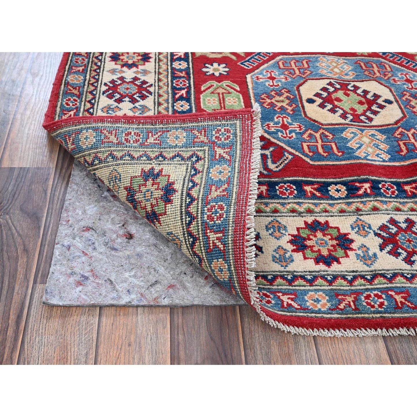 4'X5'8" Arsenal Red Kazak With Geometric Design Hand Knotted Soft Wool Rug