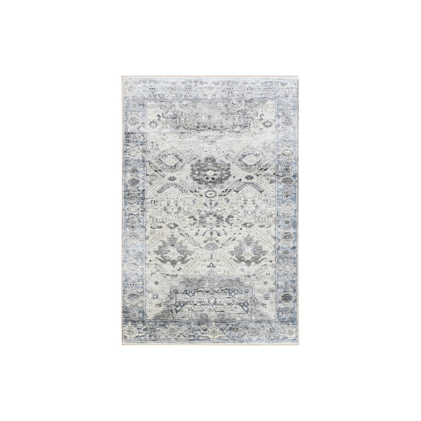 3'X5'2" Gray Pure Silk And Textured Wool Hand Knotted Oushak Rug