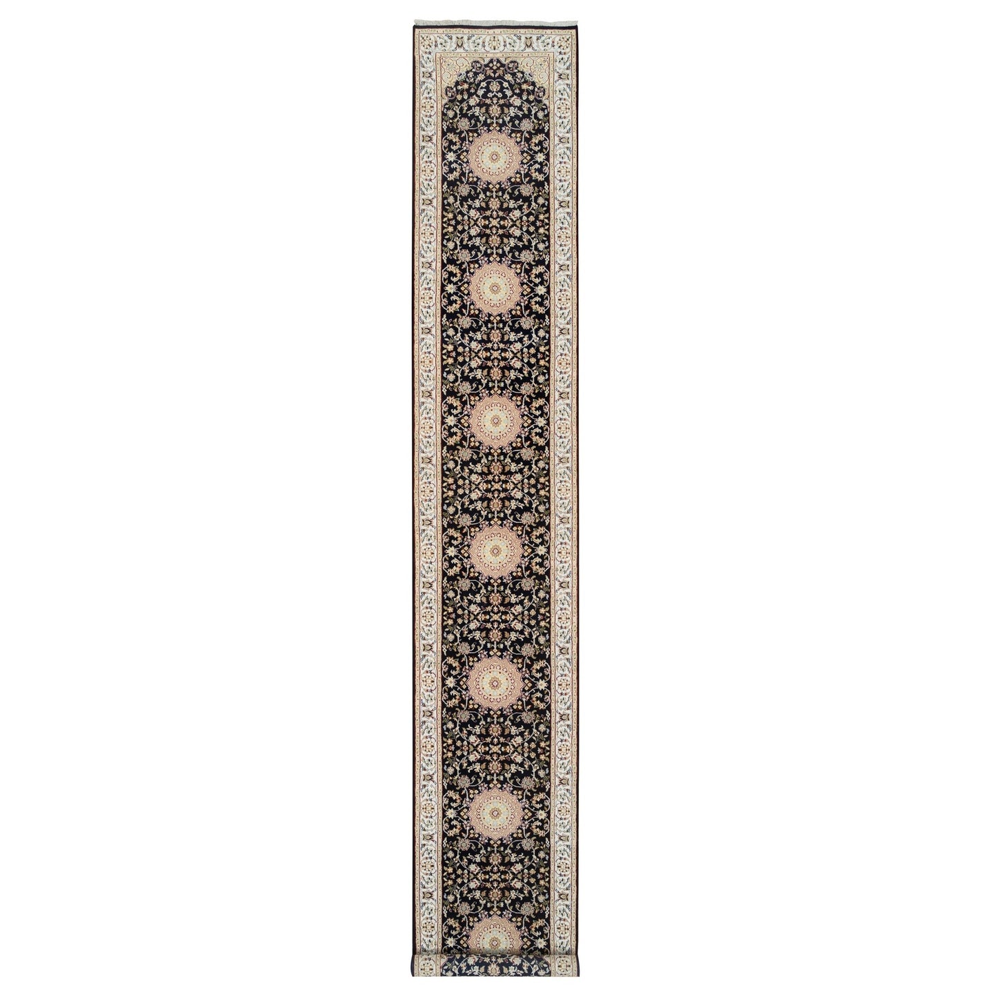 2'7"X16'4" Midnight Blue Hand Knotted Nain 250 Kpsi Wool-Silk Runner Rug