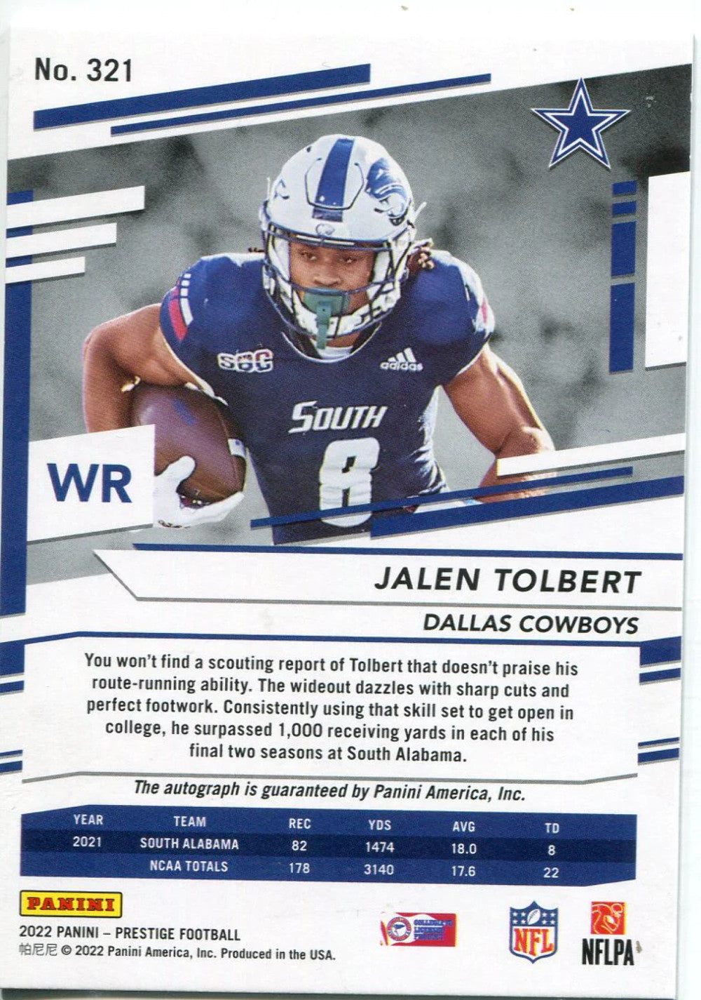 Jalen Tolbert 2022 Panini Prestige Football Cracked Ice Autographed Card /10