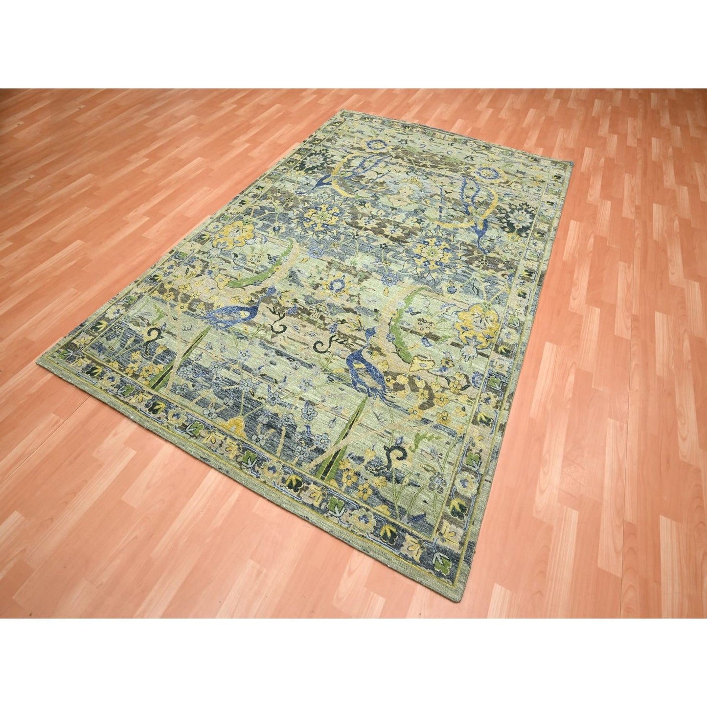 6'1"X9'3" Green Broken And Erased Birds Design Hand Knotted Pure Wool Rug