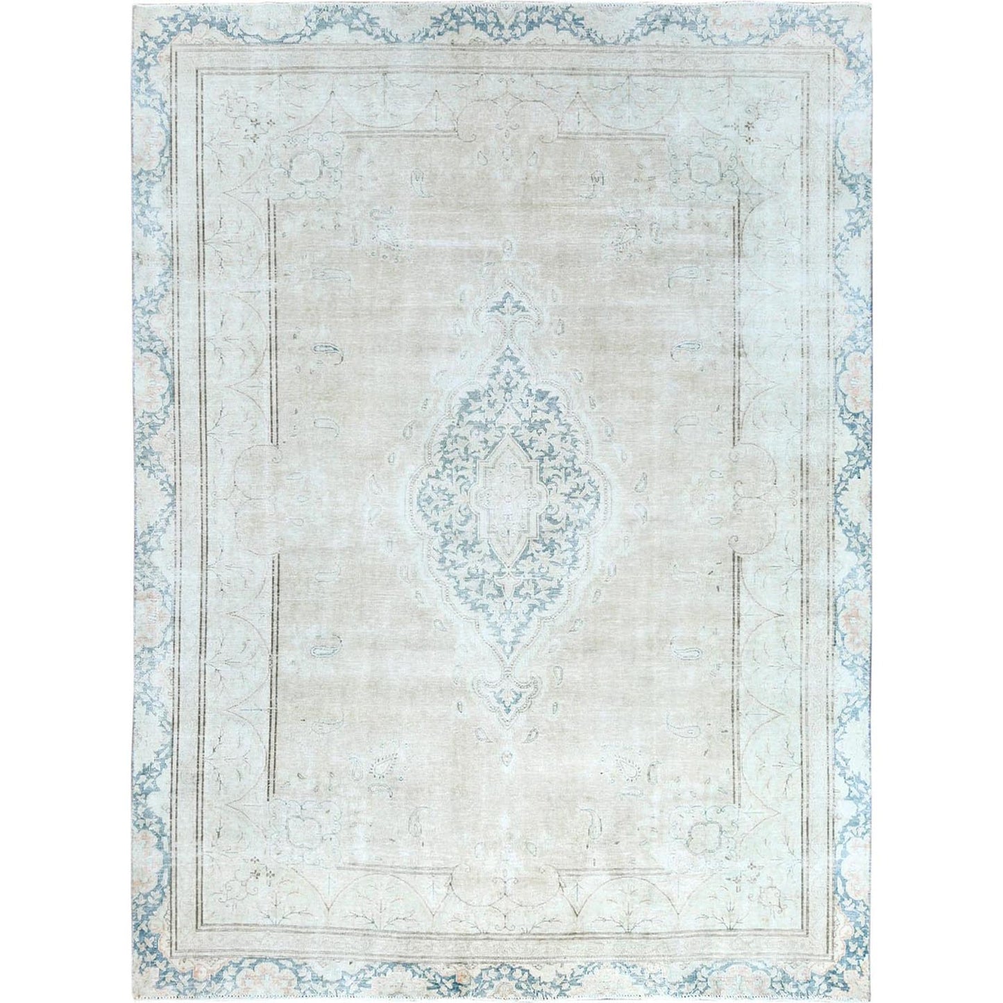 8'3"X11'1" Hand Knotted Ivory Vintage Farsian Karman Worn Wool Rug