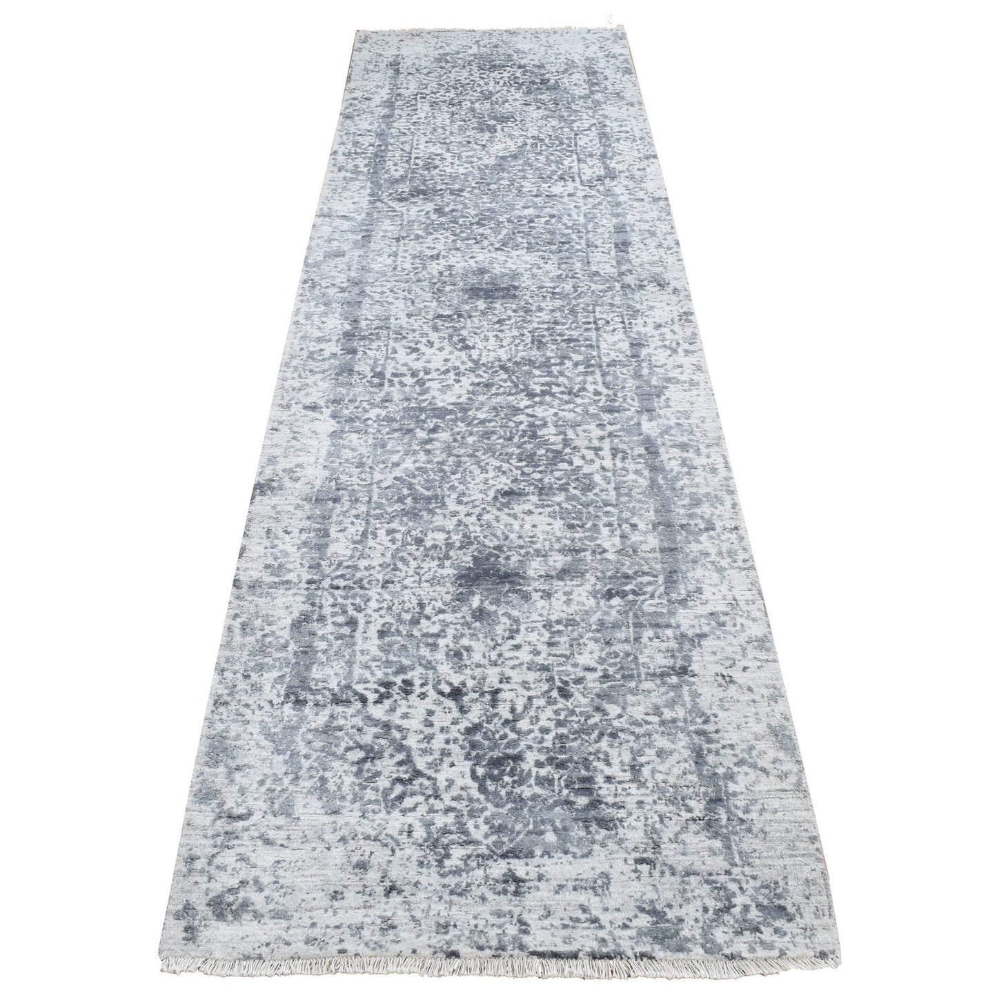 2'8"X10' Gray Erased Zoroastrian Design Wool/Silk Hand Knotted Runner Rug