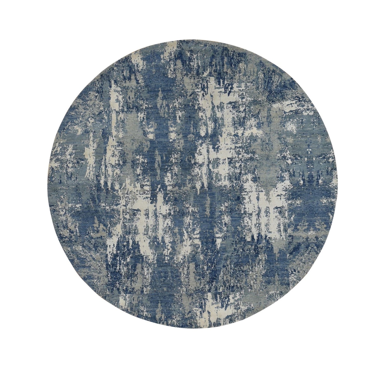 8'1"X8'1" Blue Abstract Design Wool And Pure Silk Hand Knotted Round Rug