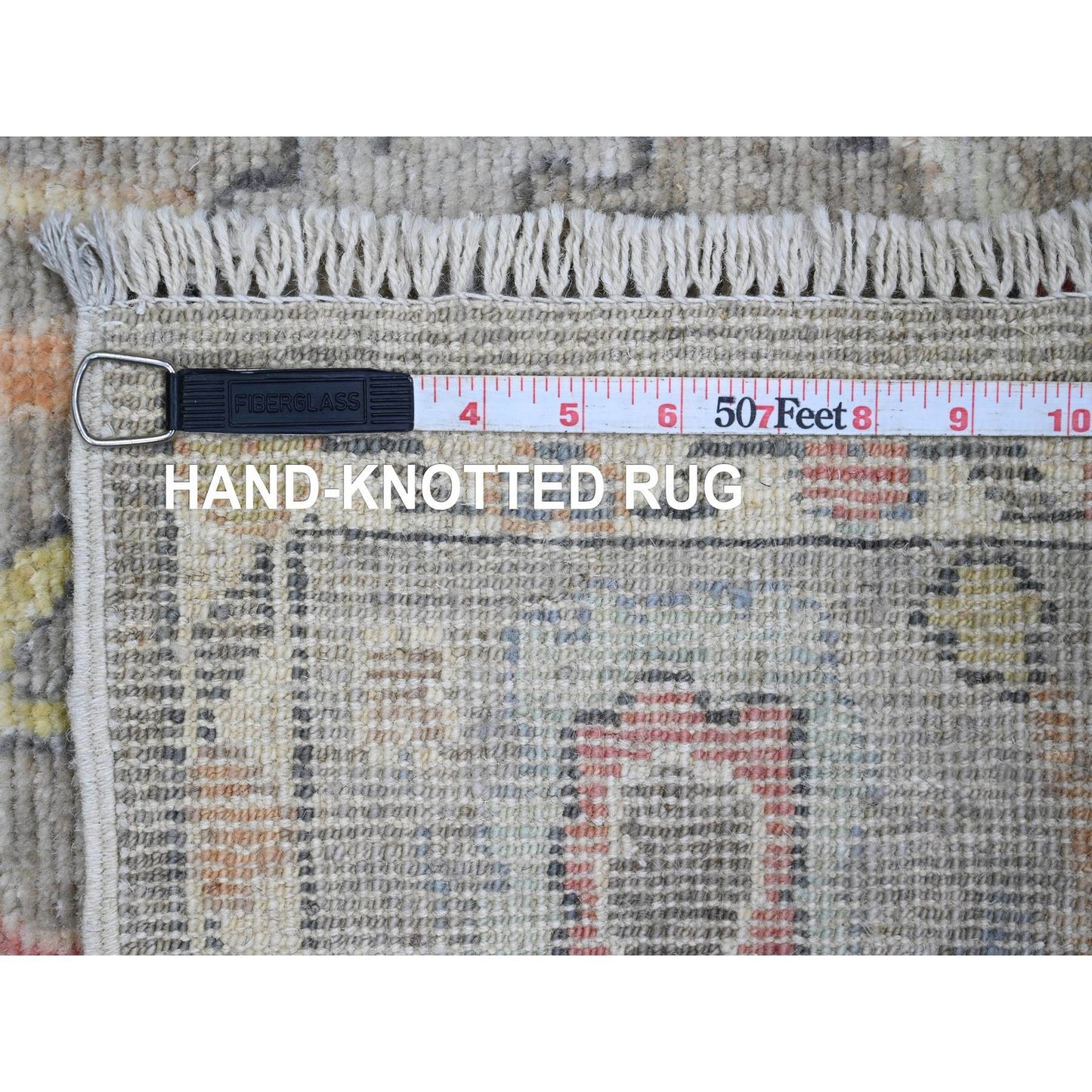 3'9"X12'1" Gray Hand Knotted Angora Oushak Leaf Design Wool Runner Rug