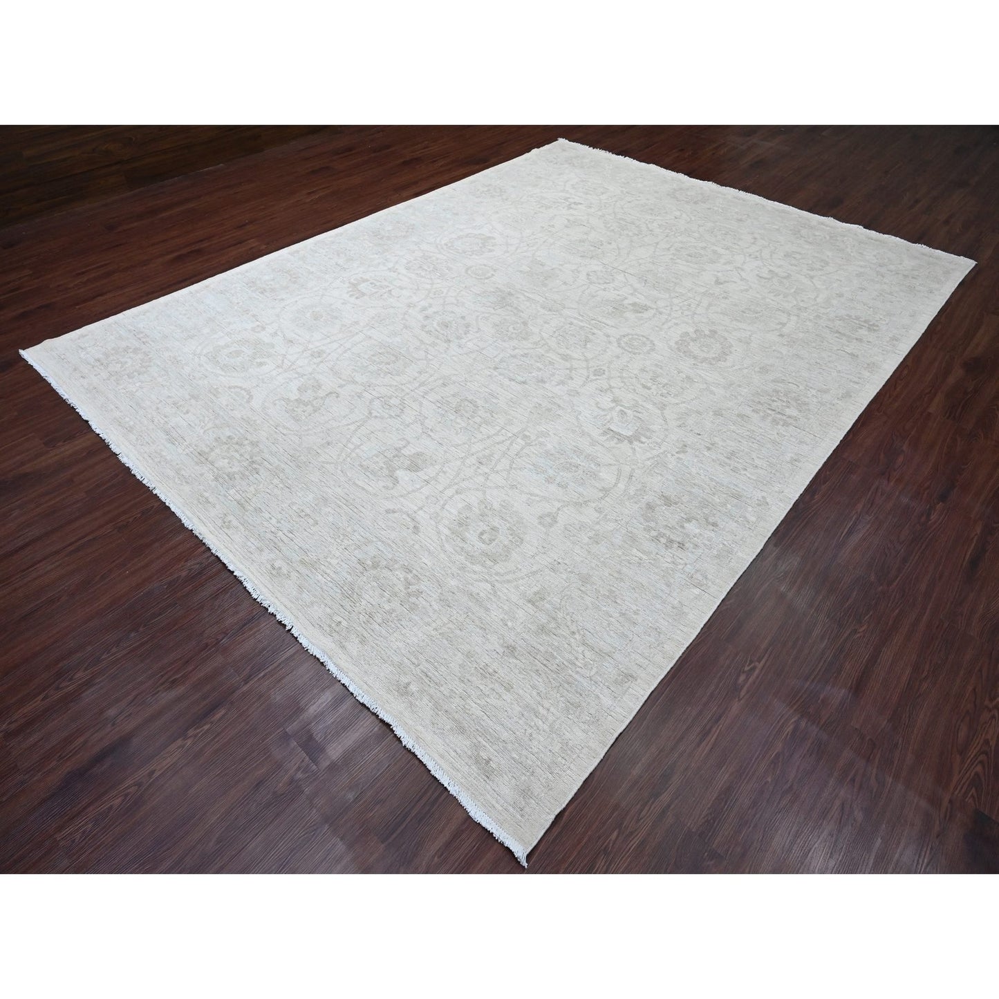 8'8"X11'5" White Hand Knotted Washed Out Peshawar Leaf Pattern Wool Rug