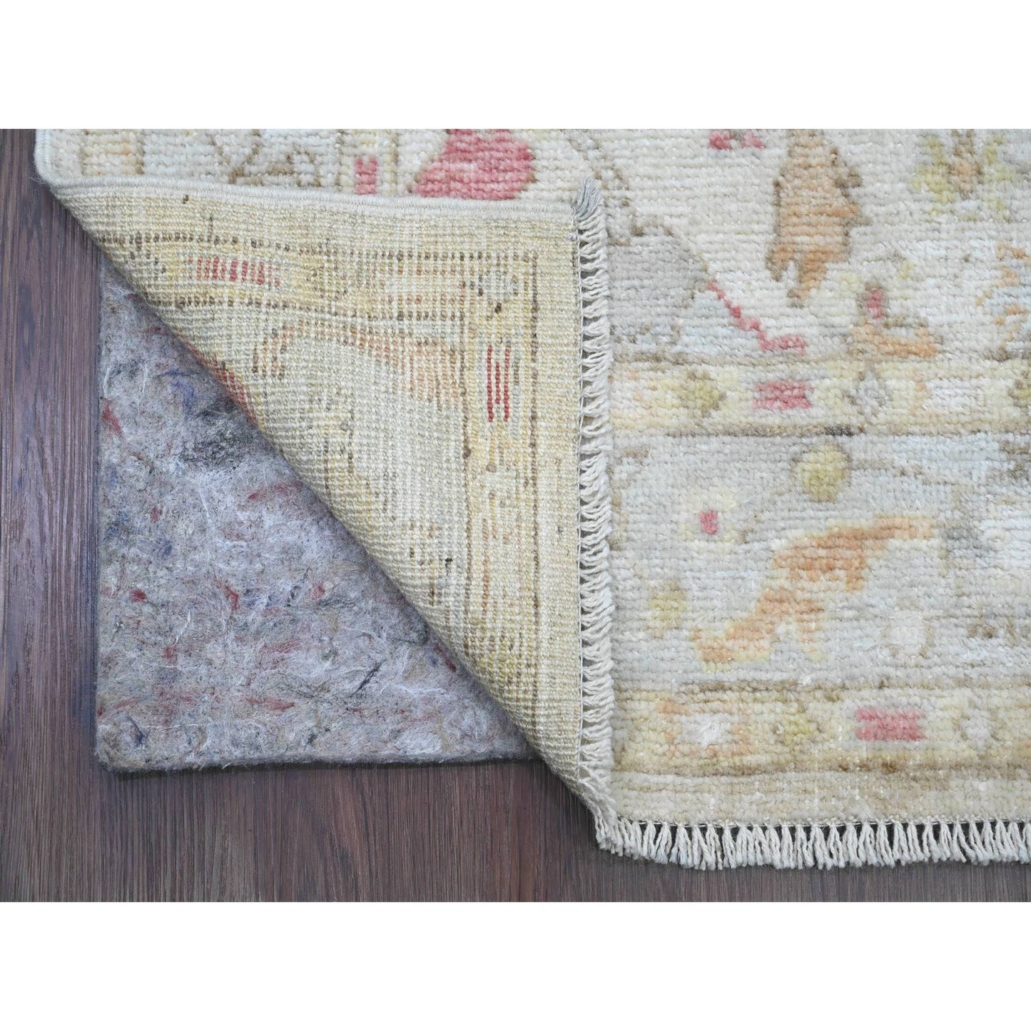 4'X19'2" White Hand Knotted Angora Oushak Leaf Design All Wool Runner Rug
