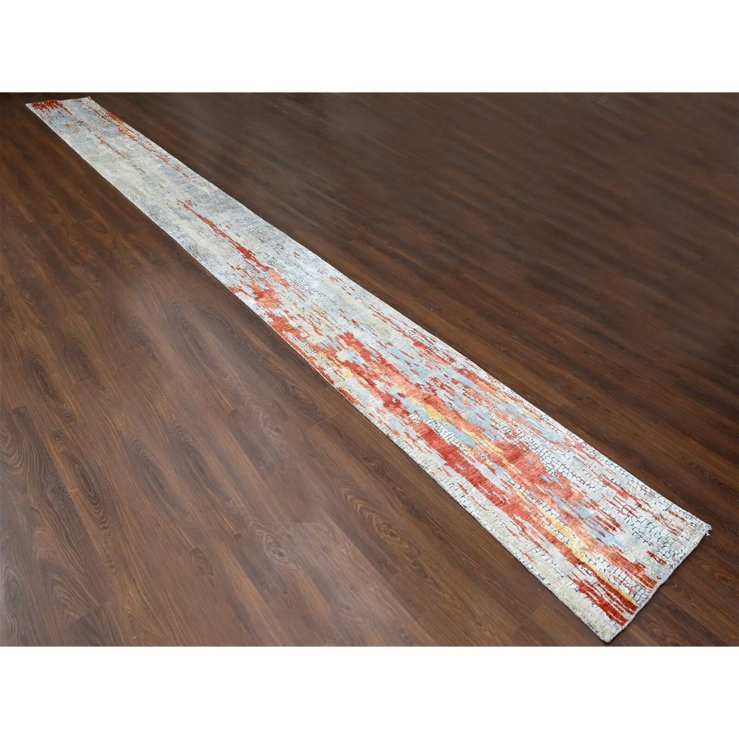 2'5"X25'8" Dark Coral Abstract Hand Knotted Wool And Silk Xl Runner Rug