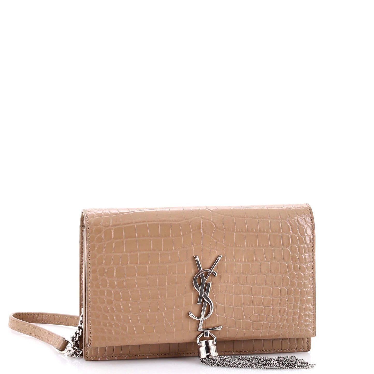 Saint Laurent Classic Monogram Tassel Chain Wallet Crocodile Embossed Leather