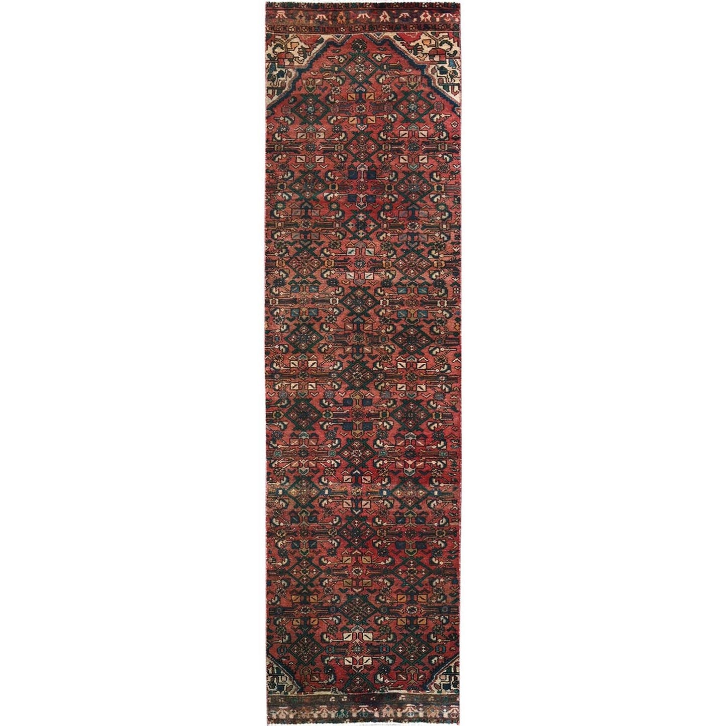 2'5"X9'4" Red Vintage Zoroastrian Khamadan Hand Knotted All Wool Runner Rug