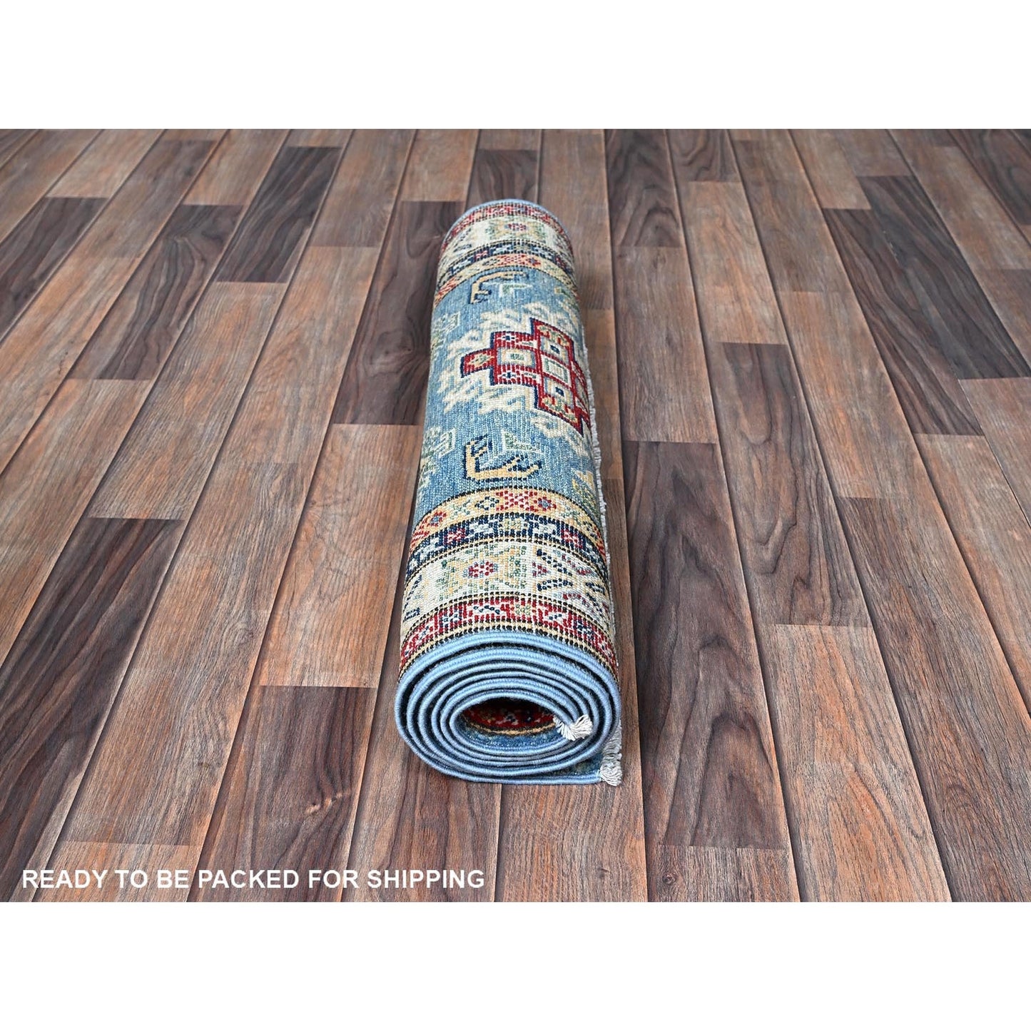 2'6"X6'2" Blue Kazak With Geometric Design Hand Knotted All Wool Runner Rug