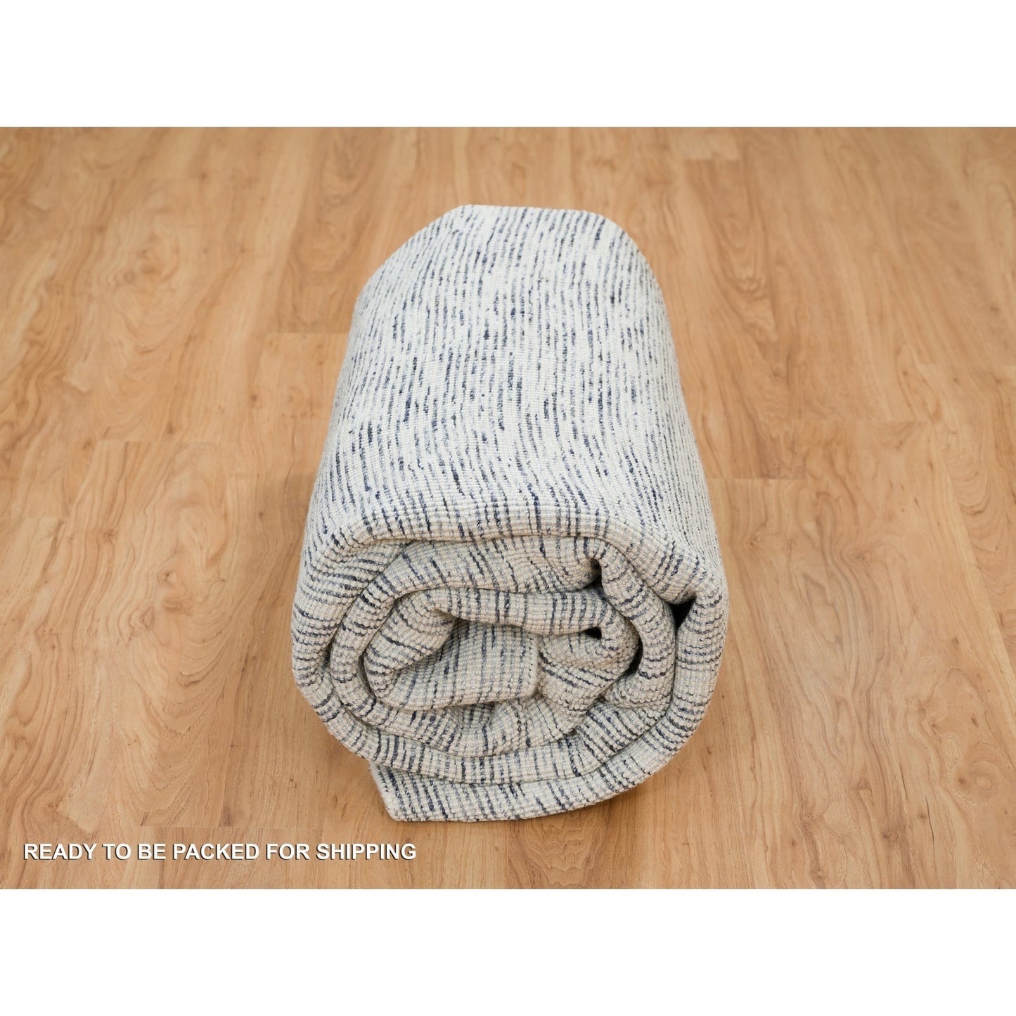 8'1"X10' Blue Hand Loomed Modern Striae Design Pure Wool Rug