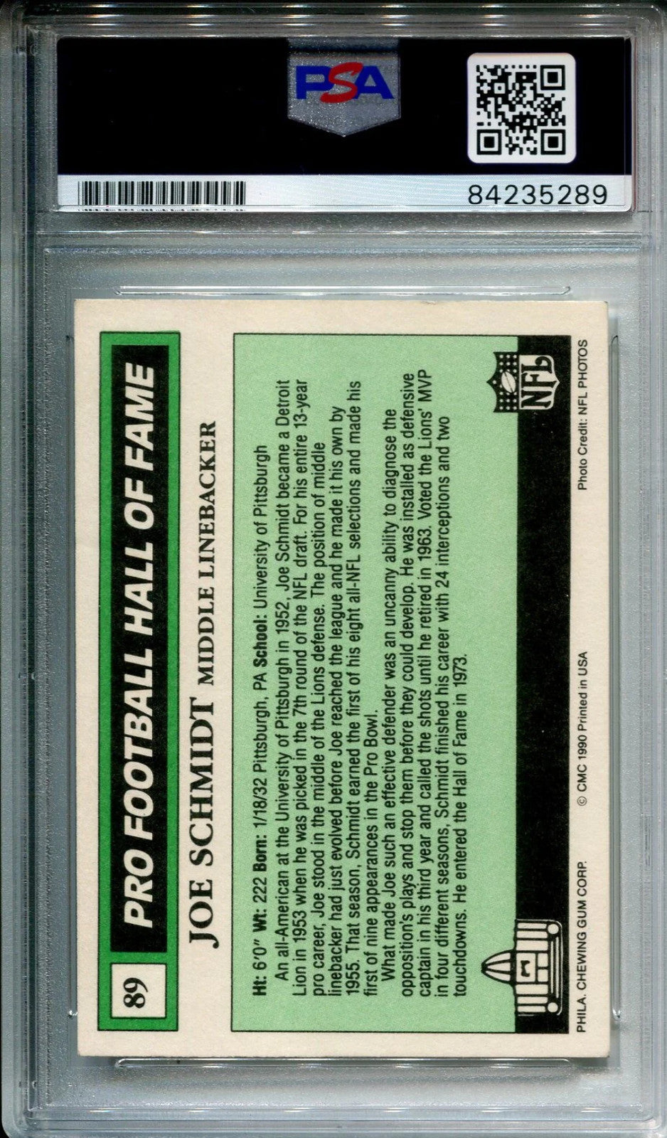 Joe Schmidt 1990 Autographed Swell Football Card (Psa)