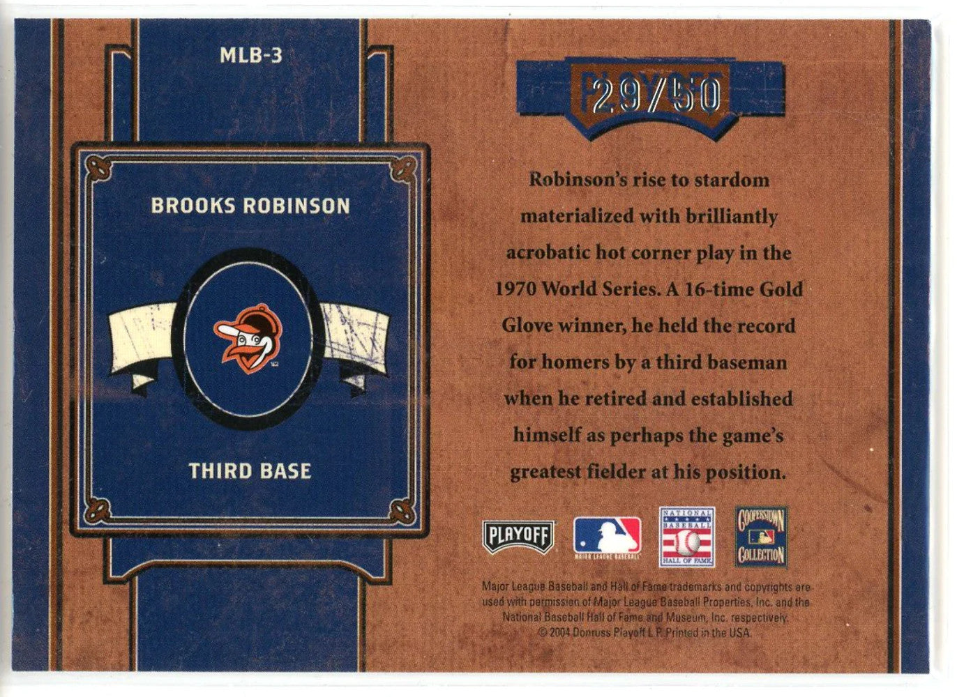 Brooks Robinson Autographed 2004 Playoff Prime Cuts Mlb Icons Card #Mlb-3