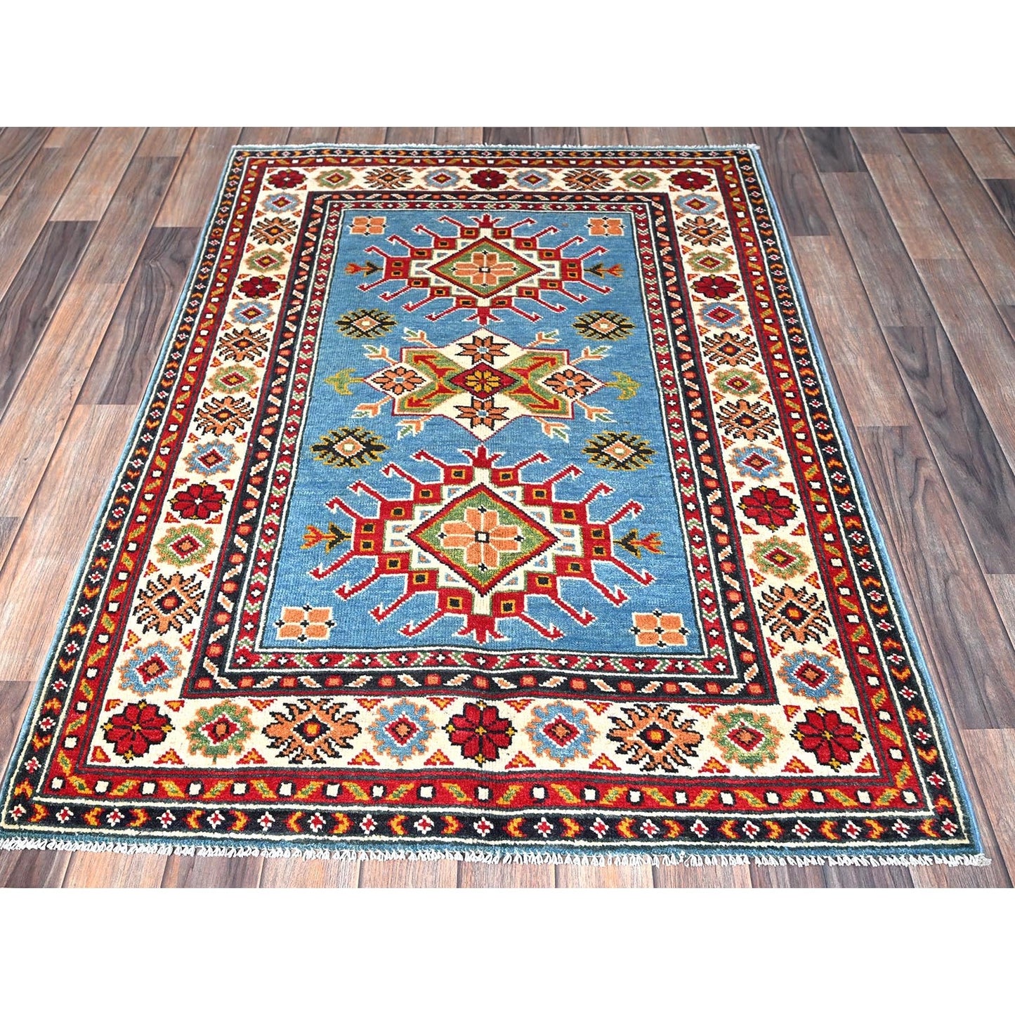 3'4"X4'10" Blue Kazak Geometric Design Hand Knotted Soft Wool Oriental Rug