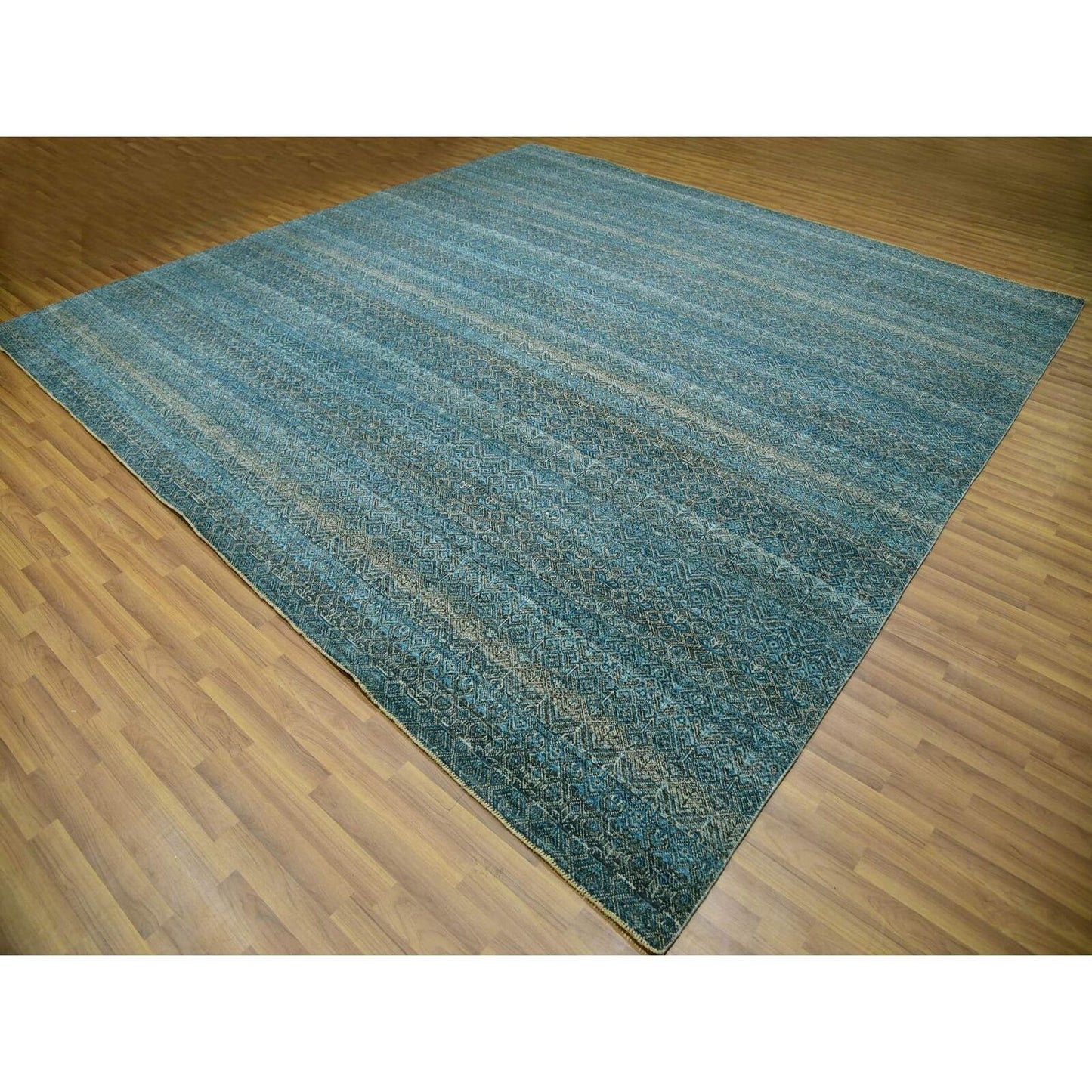 12'X12' Blue Hand Knotted Kohinoor Repetitive Diamond Wool Xl Square Rug
