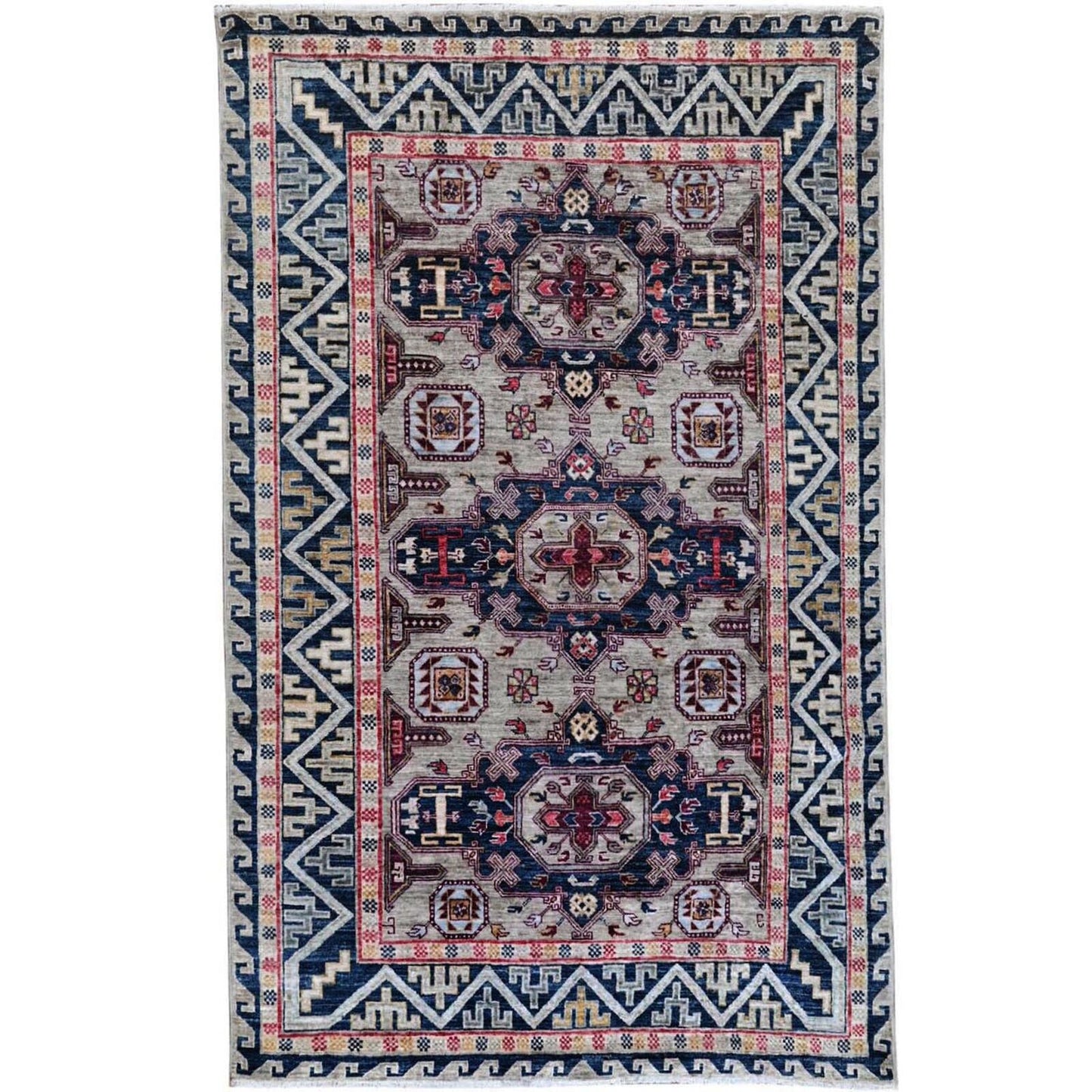 4'1"X5'10" Armenian Design Kazak Super Dense Weave Wool Hand Knotted Rug
