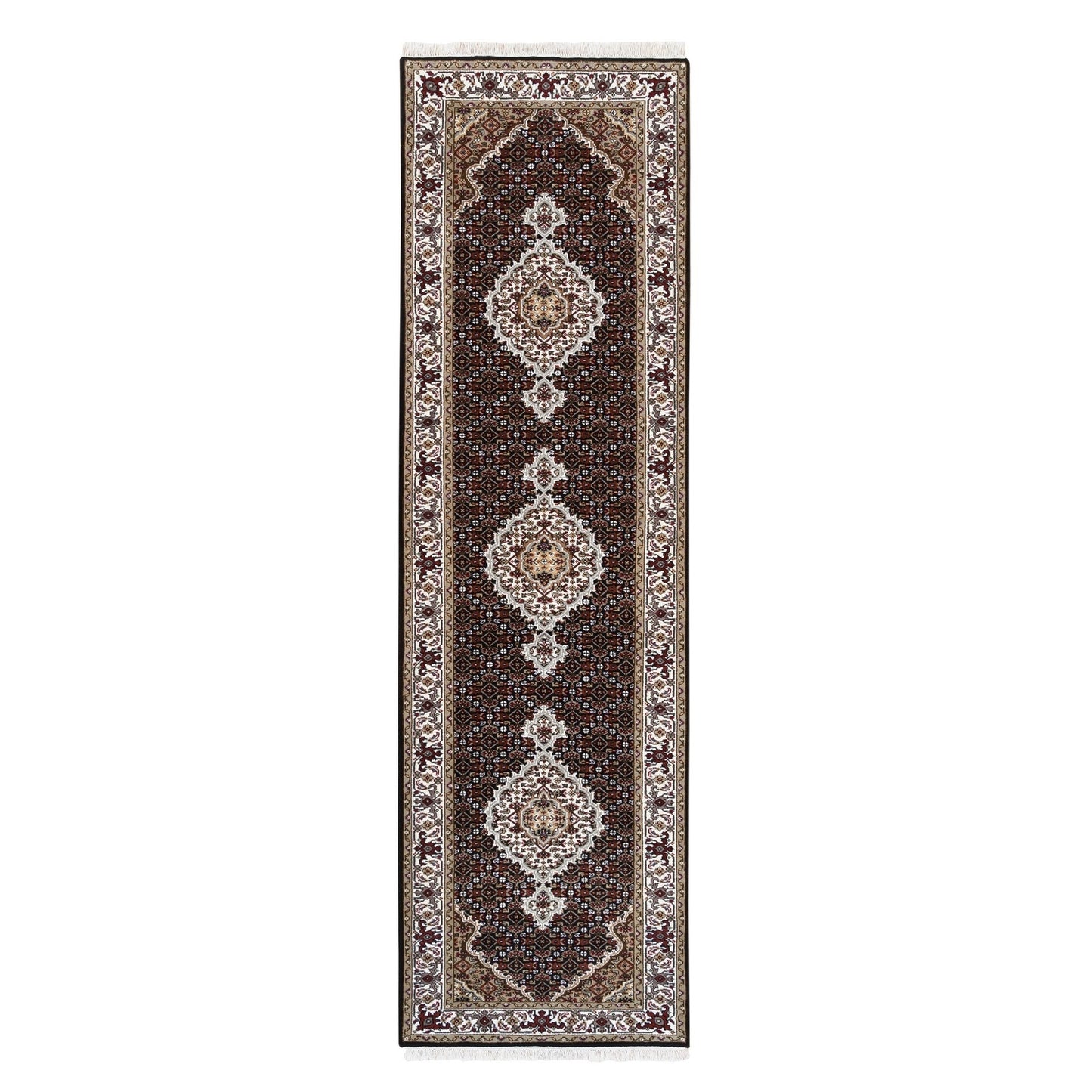 2'7"X10' Hand Knotted Fish Design Tebraz Mahi Wool And Silk Runner Rug