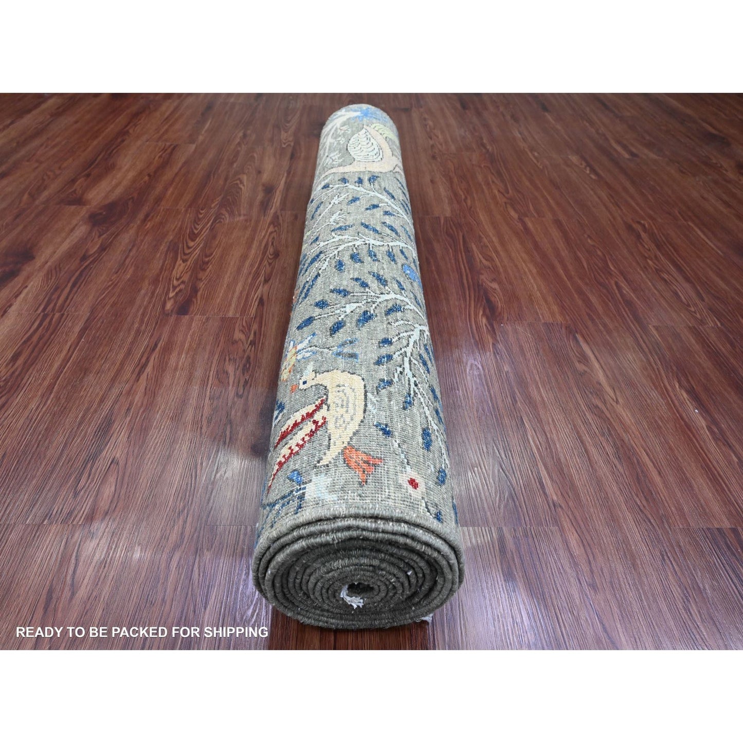 4'X16'4" Dim Gray Afghan Birds Design Hand Knotted Soft Wool Runner Rug