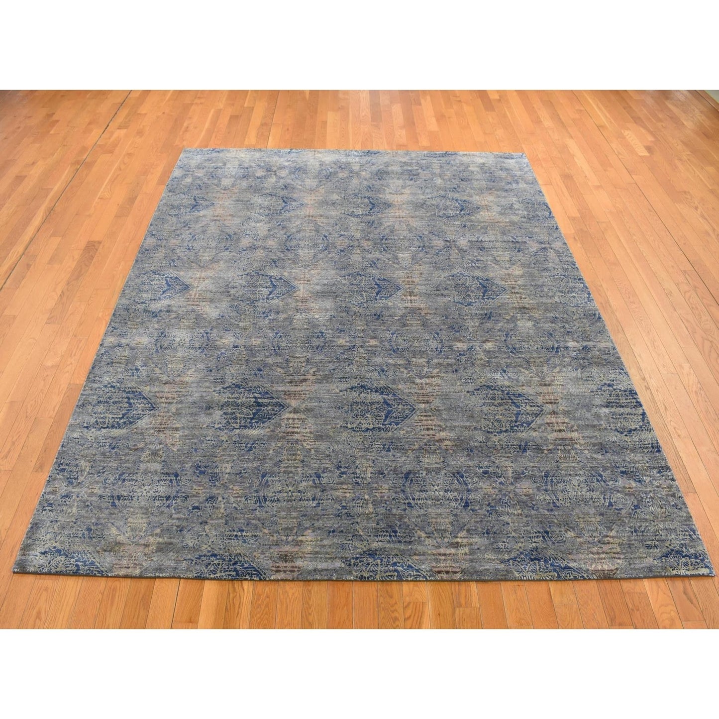 8'X10'2" Gray Erased Rossets Silk With Wool Hand Knotted Oriental Rug