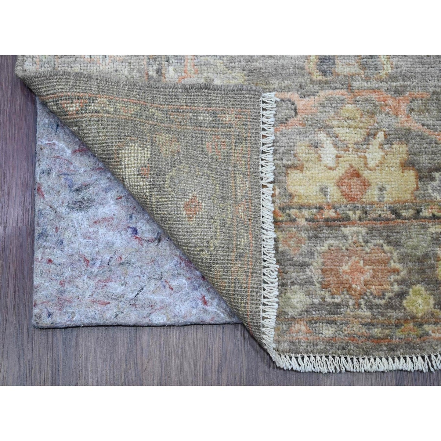 3'2"X23'7" Brown Hand Knotted Angora Oushak Leaf Design Wool Runner Rug