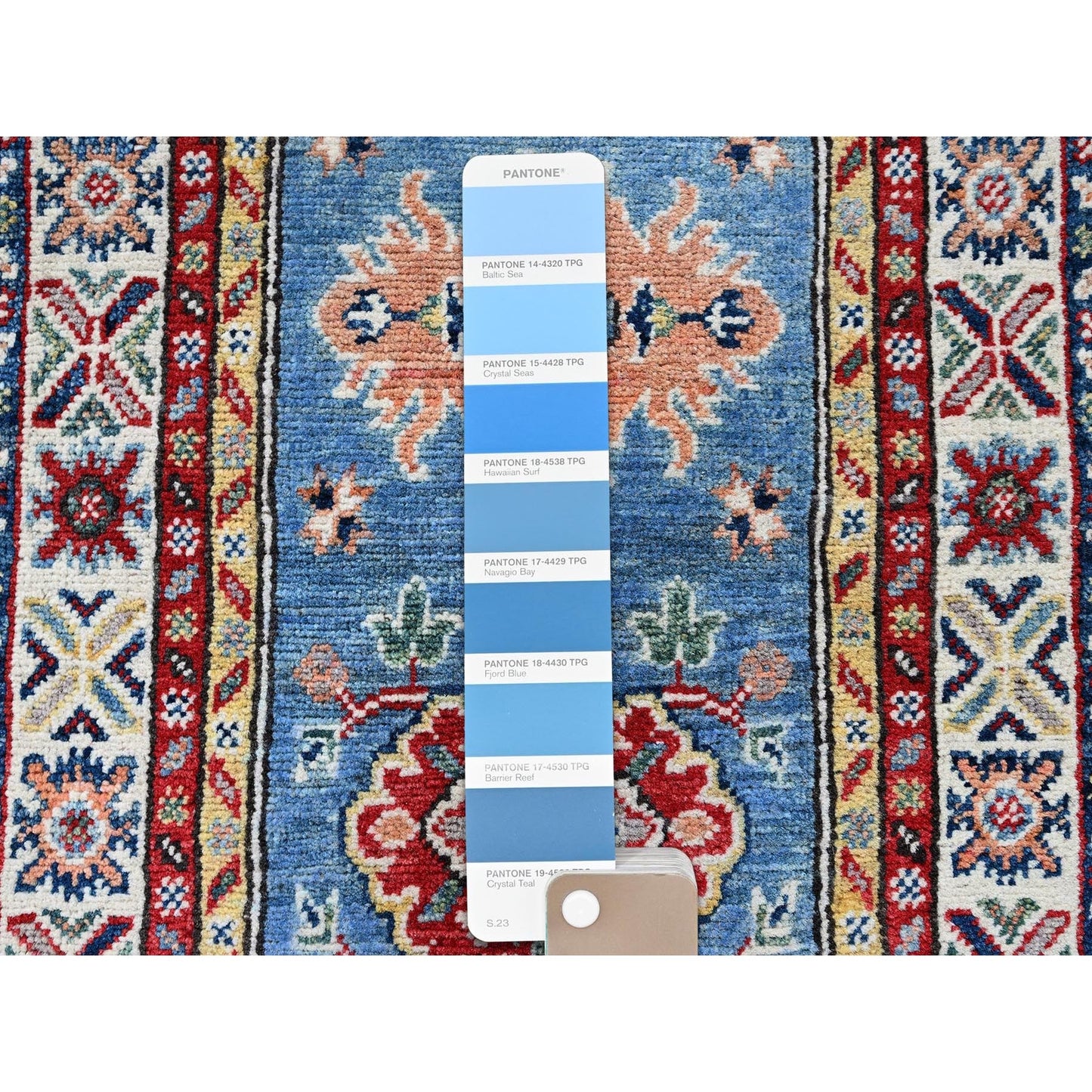 2'X6'6" Blue Kazak With Tribal Design Soft Wool Hand Knotted Runner Rug