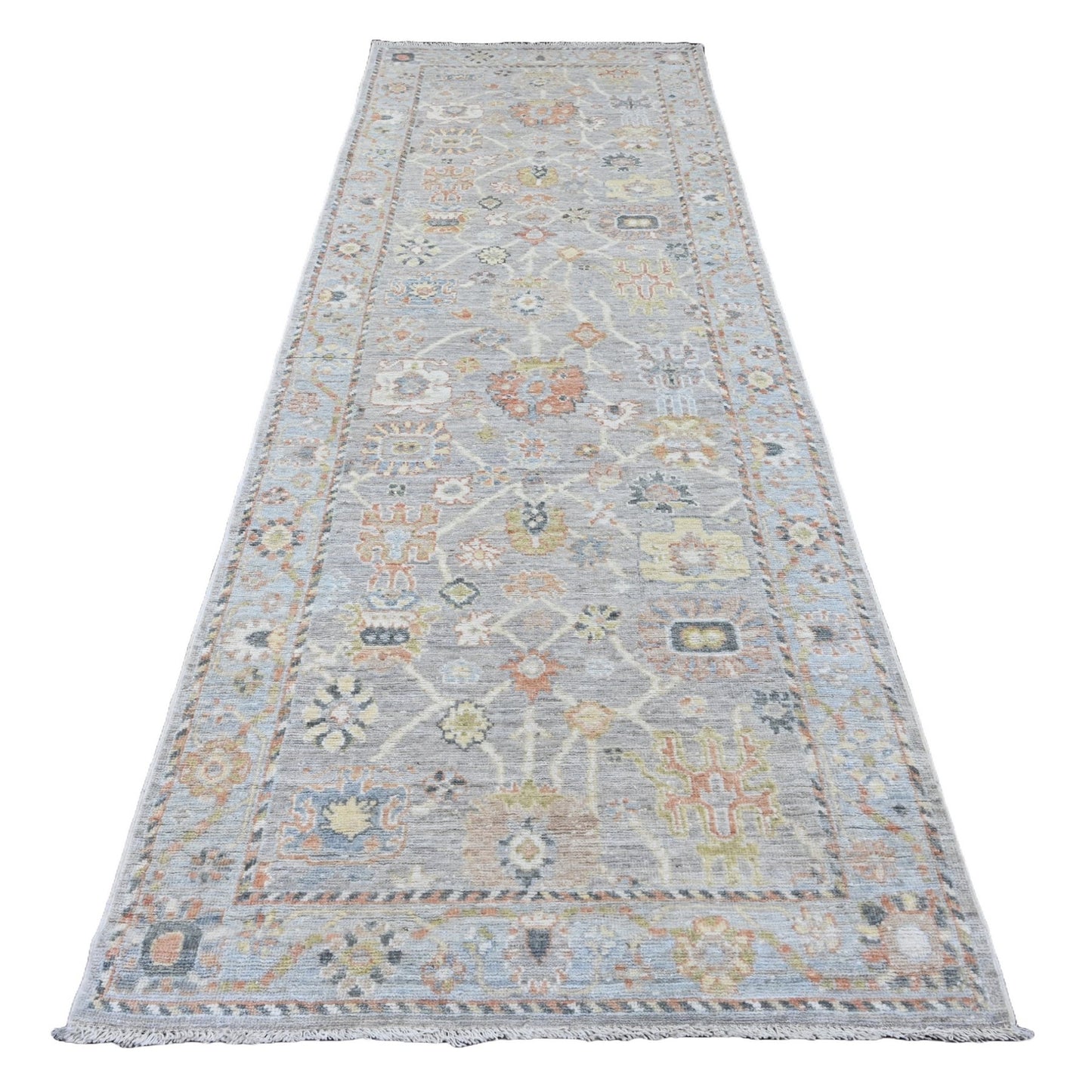 4'X11'4" Gray Hand Knotted Angora Oushak Floral Design Wool Runner Rug