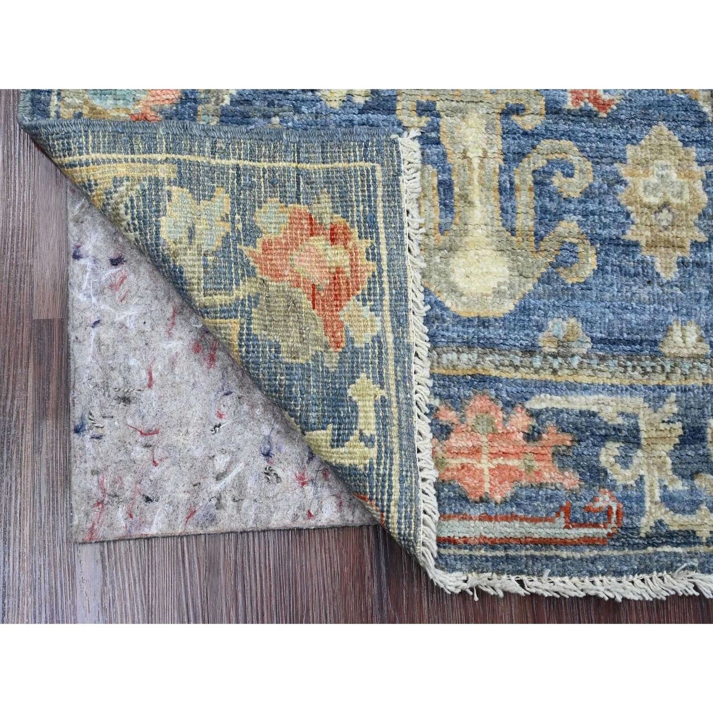 2'9"X6'2" Blue Hand Knotted Afghan Angora Oushak Leaf Design Wool Runner