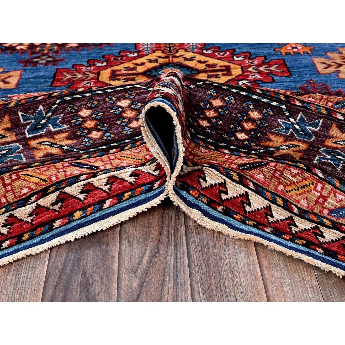 8'3"X9'6" Blue Afghan Ersari Caucasian Design Revival Hand Knotted Wool Rug