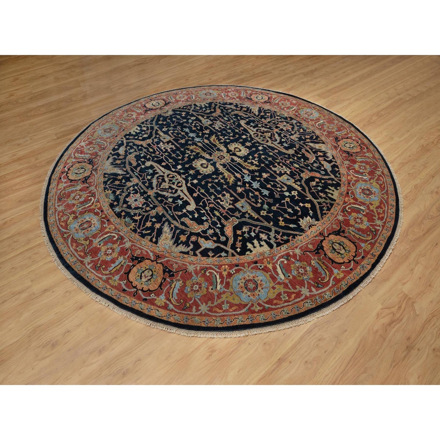 10'1"X10'1" Navy Antiqued Heris Re-Creation Hand Knotted Wool Round Rug