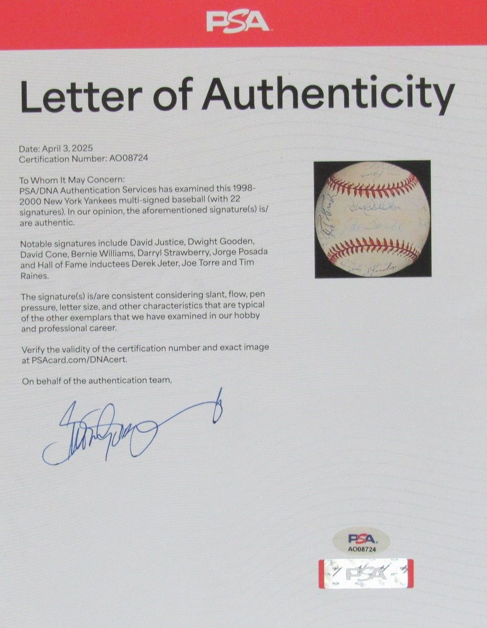 2000 Yankees Team-Signed By 22 1998 Ws Baseball Psa Jeter Raines Torre Hof 96420