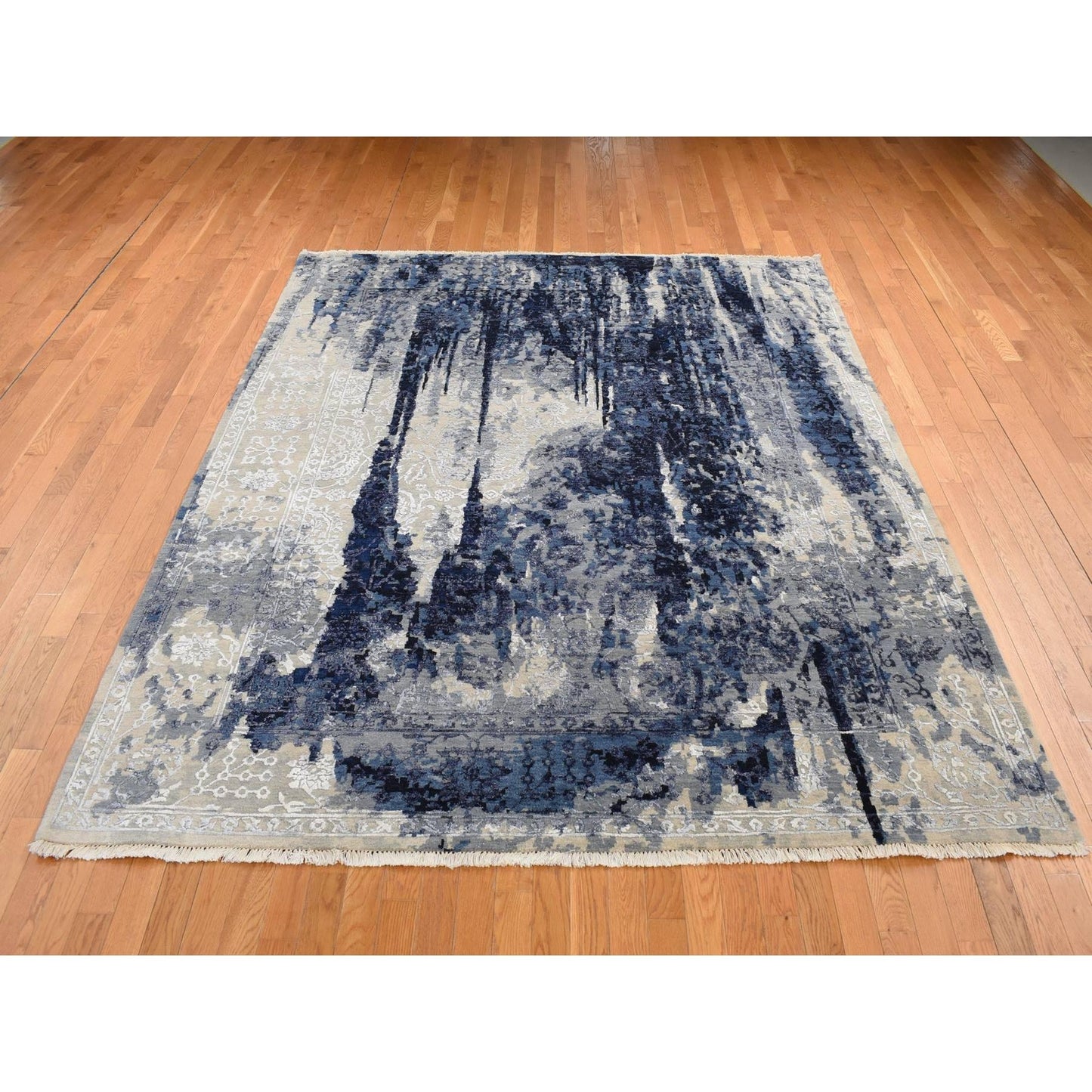 8'X9'9" Gray Wool And Silk Transitional Design Hand Knotted Oriental Rug