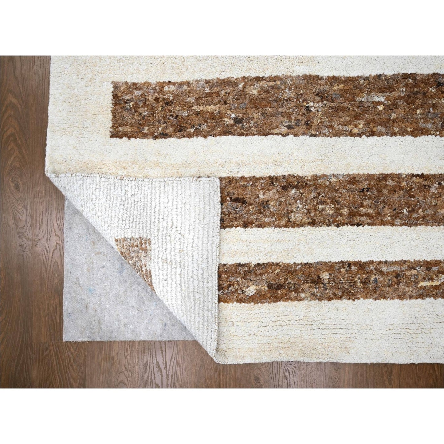 12'2"X14'10" Brown Wool Minimalist Stripe Hand Knotted Oversized Rug