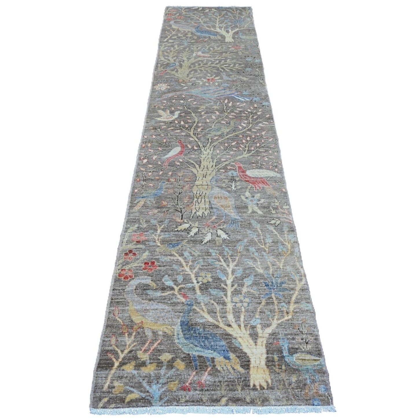 2'8"X11'10" Brown Peshawar Birds Design Hand Knotted Soft Wool Runner Rug