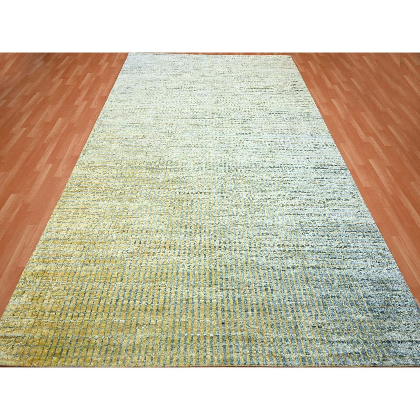 9'X12'2" Yellow Mid Century Inspired Wool & Pure Silk Hand Knotted Rug