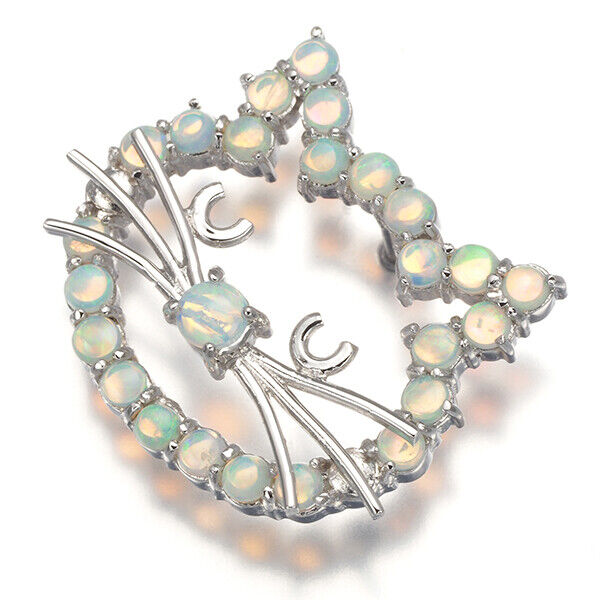 White Opal Cat Brooch 18K 750 White Gold