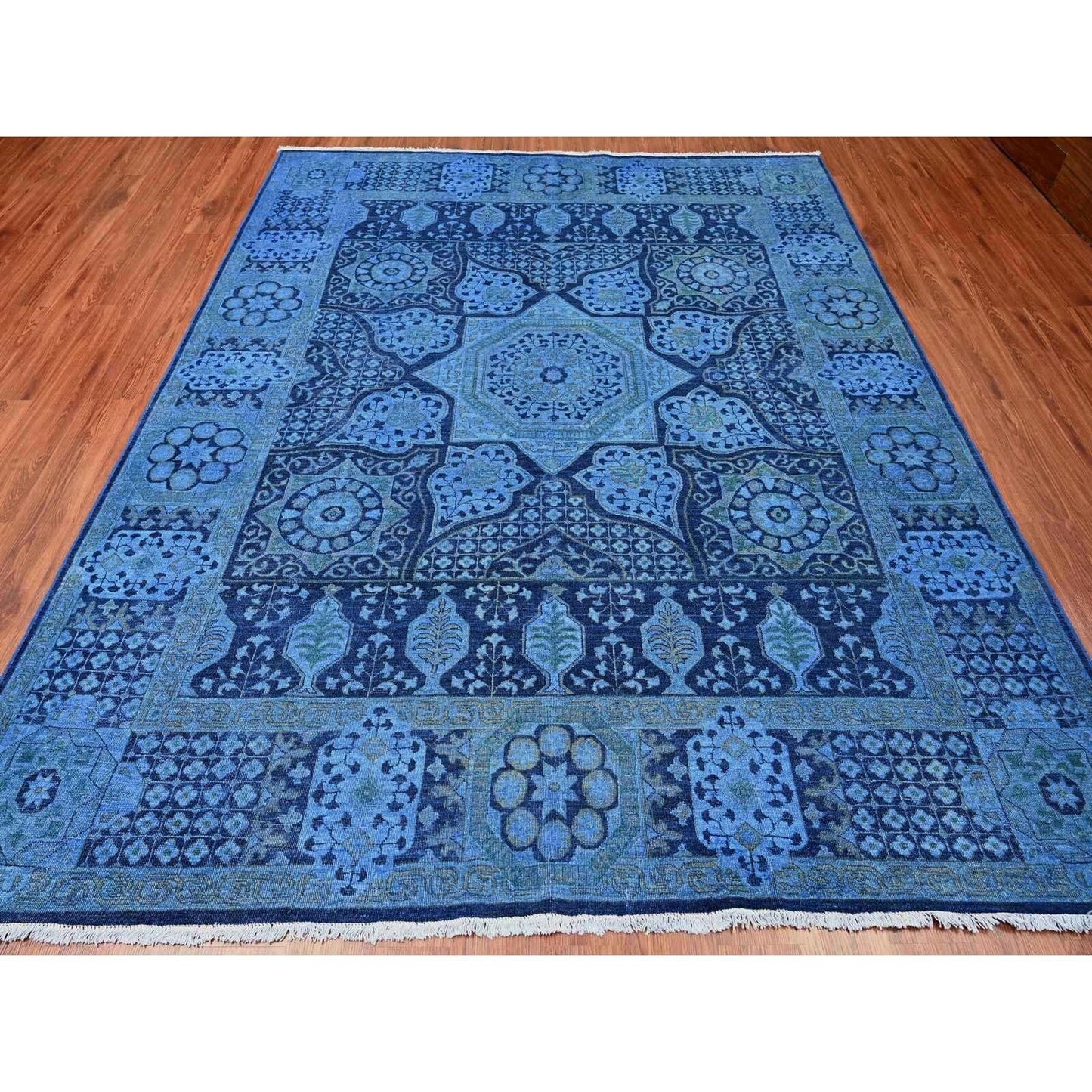 8'X9'6" Blue Peshawar Mamluk Design Distressed 100% Wool Hand Knotted Rug