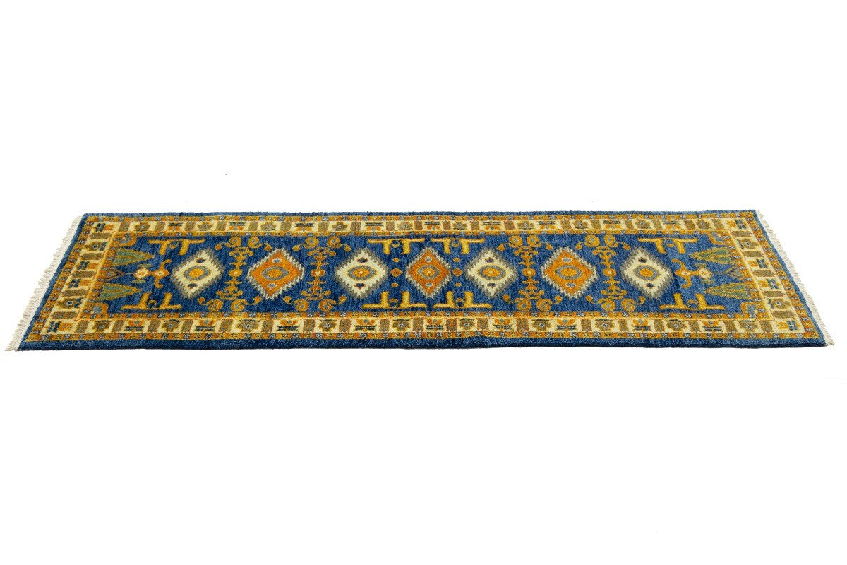 Vintage Style Blue Geometric Kazak Runner Rug